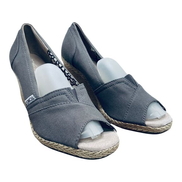 Toms Espadrilles Wedge Ash Grey Canvas Sz 10 Open Toe Heel Casual Sandal NWT - Picture 2 of 9